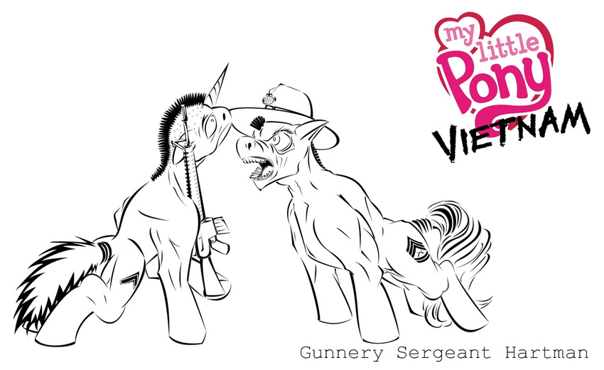 drill_sergeant equine friendship_is_magic full_metal_jacket gun hat horn horns horse m16 male mammal military monochrome muscles my_little_pony parody plain_background pony ranged_weapon recruit_pony unknown_artist vietnam weapon white_background