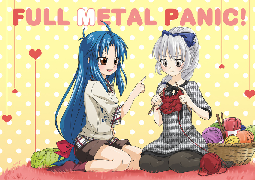 ahoge basket bow casual chidori_kaname copyright_name full_metal_panic! knitting long_hair low-tied_long_hair multiple_girls pantyhose shakuya socks teletha_testarossa yarn yarn_ball yellow_background