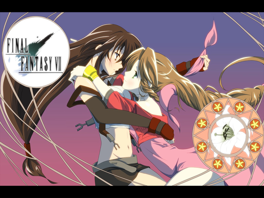 aerith_gainsborough bad_id bad_pixiv_id blush brown_eyes brown_hair copyright_name cropped_jacket final_fantasy final_fantasy_vii green_eyes hair_ribbon highres jacket long_hair low-tied_long_hair matsunaga_(haku) midriff miko_embrace multiple_girls parody ribbon skirt style_parody suspender_skirt suspenders tifa_lockhart undressing yuri