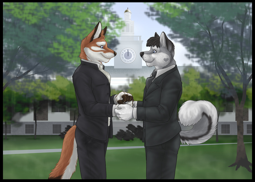 anthro canine clock dog duo eclipsewolf fox gay grass huskers husky junowolf male mammal married outside suit tail tree