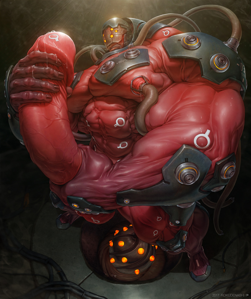 balls big_penis gigas_(tekken) machine male masturbation monster muscular nipple_play not_furry penis precum red_skin robot rokudenashi tekken tentacles video_games yellow_eyes