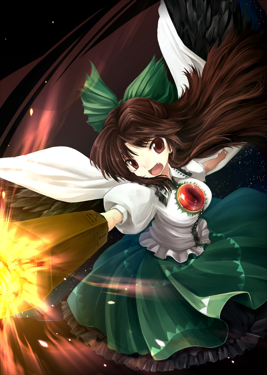 absurdres arm_cannon bad_id bad_pixiv_id bow brown_hair green_bow hair_bow highres long_hair narumizg red_eyes red_hair reiuji_utsuho solo third_eye touhou weapon wings
