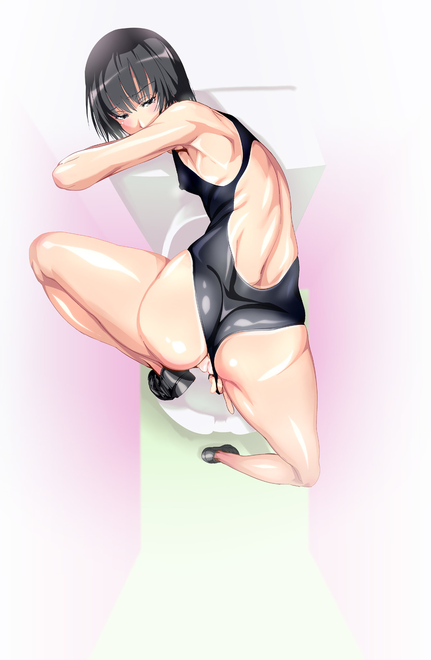 amagami ass black_eyes black_hair breasts competition_swimsuit covered_nipples from_above highres looking_back nanasaki_ai one-piece_swimsuit pussy shino_(comic_penguin_club) short_hair small_breasts solo swimsuit swimsuit_aside toilet