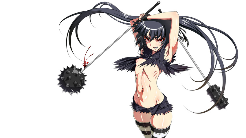armpits bad_anatomy black_hair club cutoffs denim denim_shorts dual_wielding fingerless_gloves flat_chest gloves highres holding inagaki kooh long_hair navel nipples open_clothes open_fly pangya puffy_nipples red_eyes ribs shorts skindentation solo striped striped_legwear thighhighs twintails unzipped weapon
