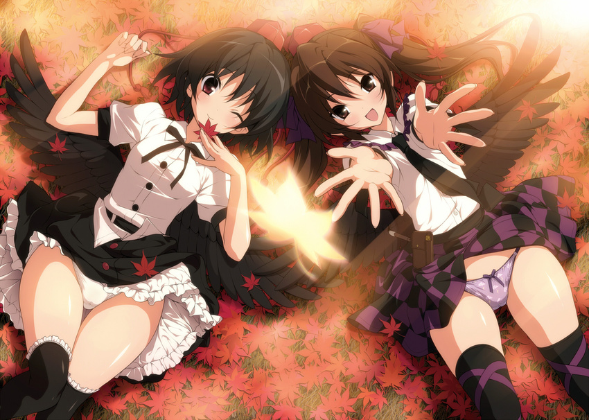 2girls black_hair brown_hair leaves long_hair panties possible_duplicate short_hair tagme underwear wings