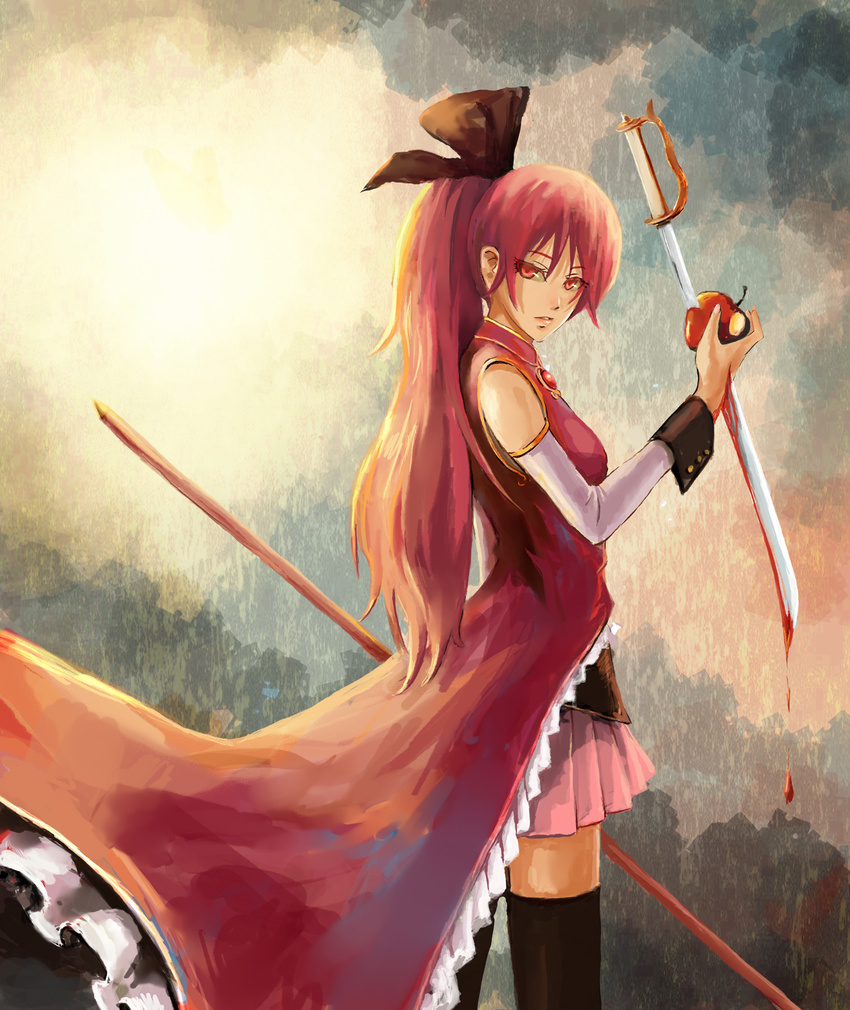 aako apple bare_shoulders black_legwear blood detached_sleeves food fruit highres holding holding_food holding_fruit impaled long_hair magical_girl mahou_shoujo_madoka_magica polearm ponytail red_eyes red_hair sakura_kyouko solo spear sword thighhighs weapon zettai_ryouiki