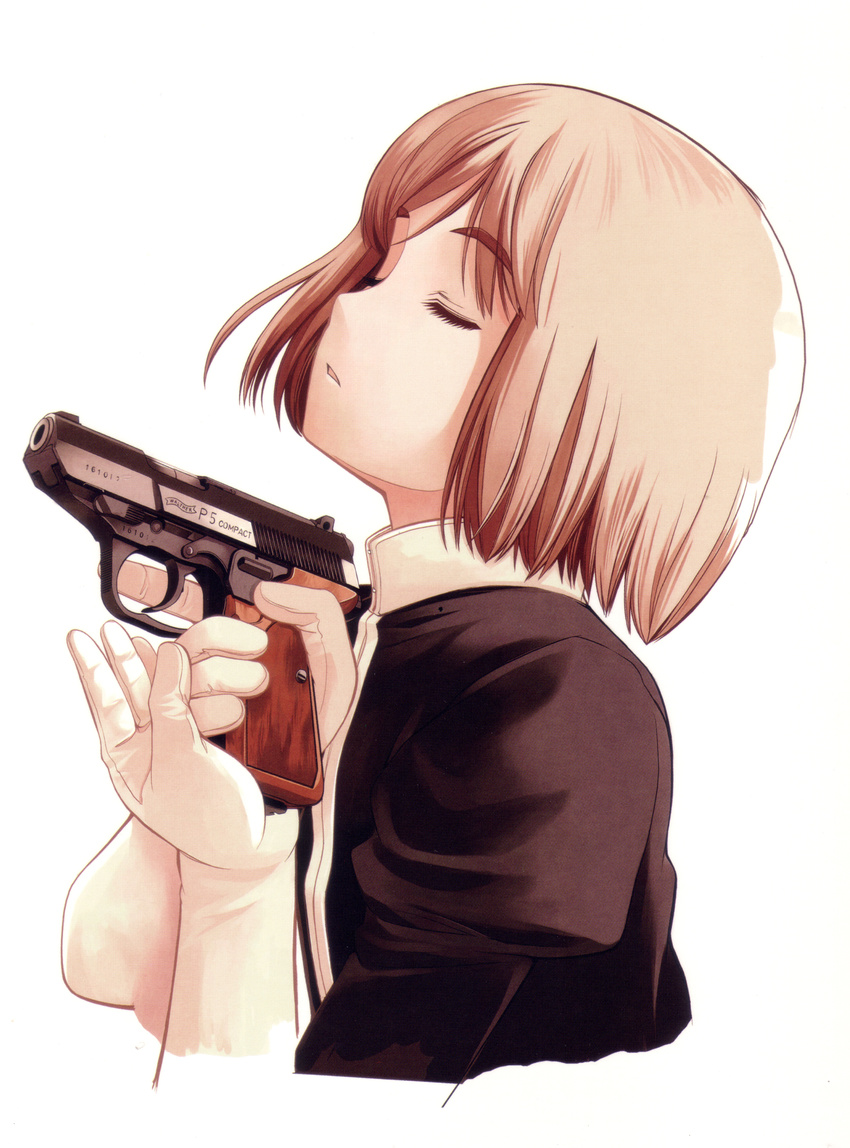 1girl absurdres aida_yuu bob_cut brown_hair eyes_closed gloves gun gunslinger_girl handgun henrietta highres official_art pistol scan short_hair simple_background solo trigger_discipline walther walther_p5 weapon