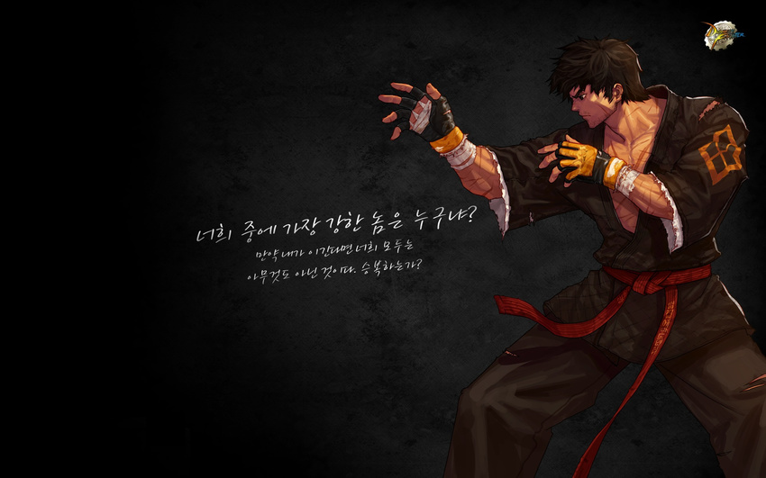 brown_hair dfo dnf dougi dungeon_and_fighter dungeon_fighter_online fighter_(dungeon_and_fighter) gloves hair highres karate_gi male_fighter male_grappler red_belt scar scars short_hair