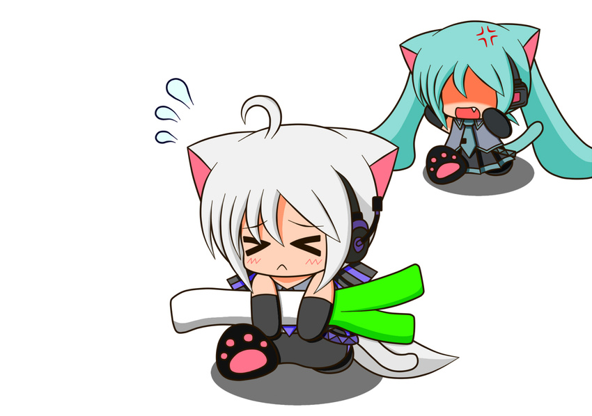 animal_ears catgirl chibi hatsune_miku headphones leek suzunonaruki tail vocaloid white yowane_haku