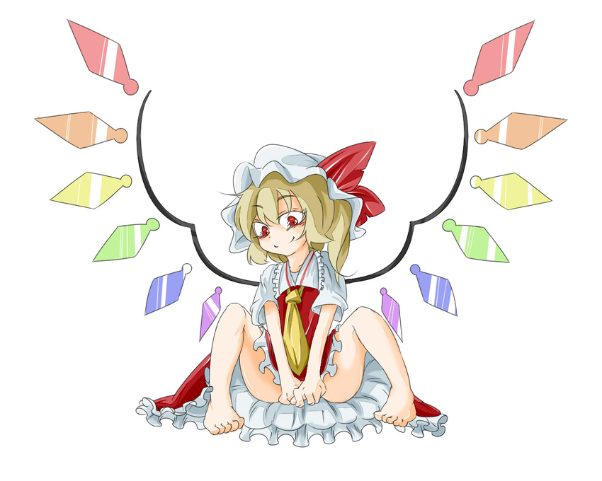 bacho barefoot blonde_hair feet flandre_scarlet full_body hat naughty_face necktie red_eyes side_ponytail simple_background solo touhou wings