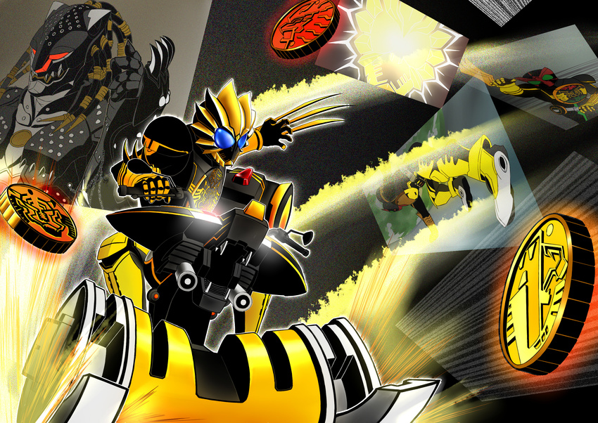 claws ground_vehicle highres kamen_rider kamen_rider_ooo kamen_rider_ooo_(series) kazari michimoyo motor_vehicle motorcycle o_medal ridevendor toridevendor