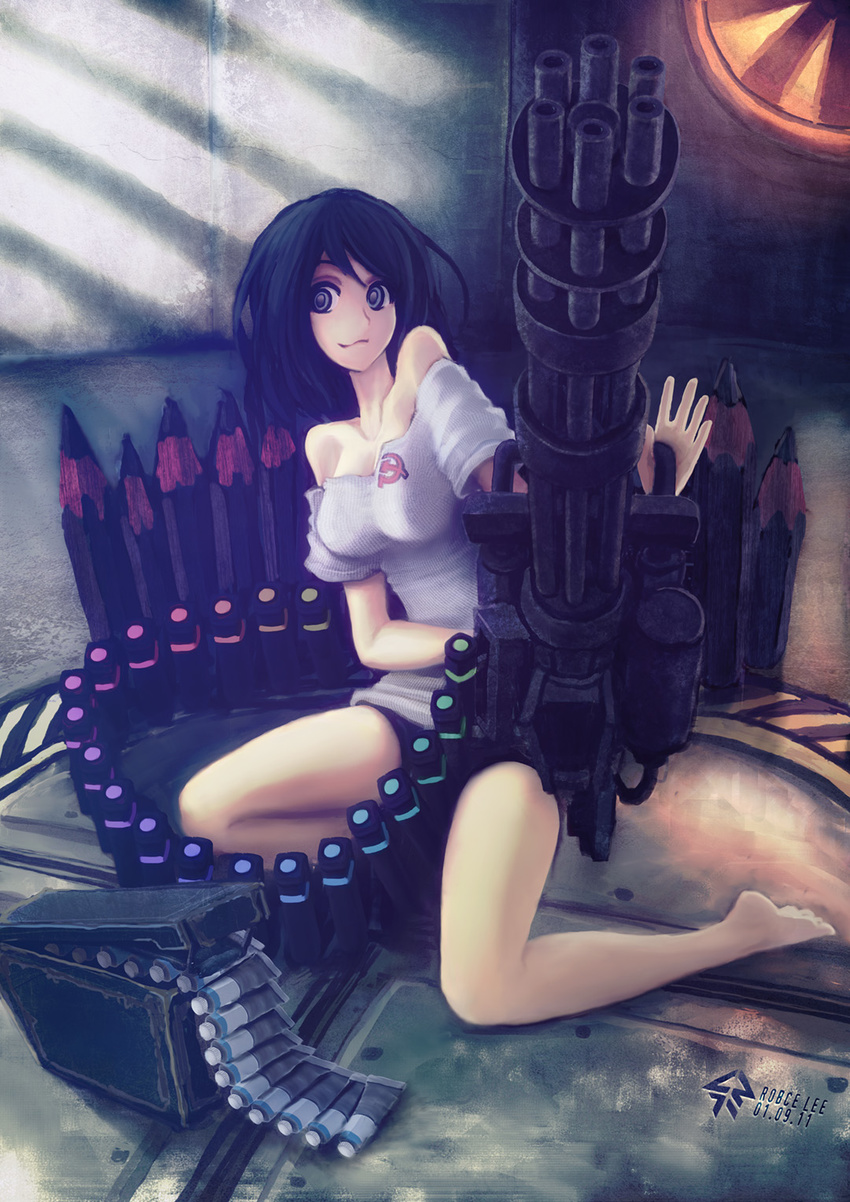 ammunition_belt bare_shoulders barefoot black_hair communism gatling_gun gun hammer_and_sickle highres original pencil robce_lee short_hair sitting solo weapon