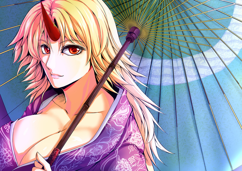 blonde_hair breasts cleavage horn hoshiguma_yuugi japanese_clothes kimono large_breasts long_hair red_eyes ryuushou solo touhou