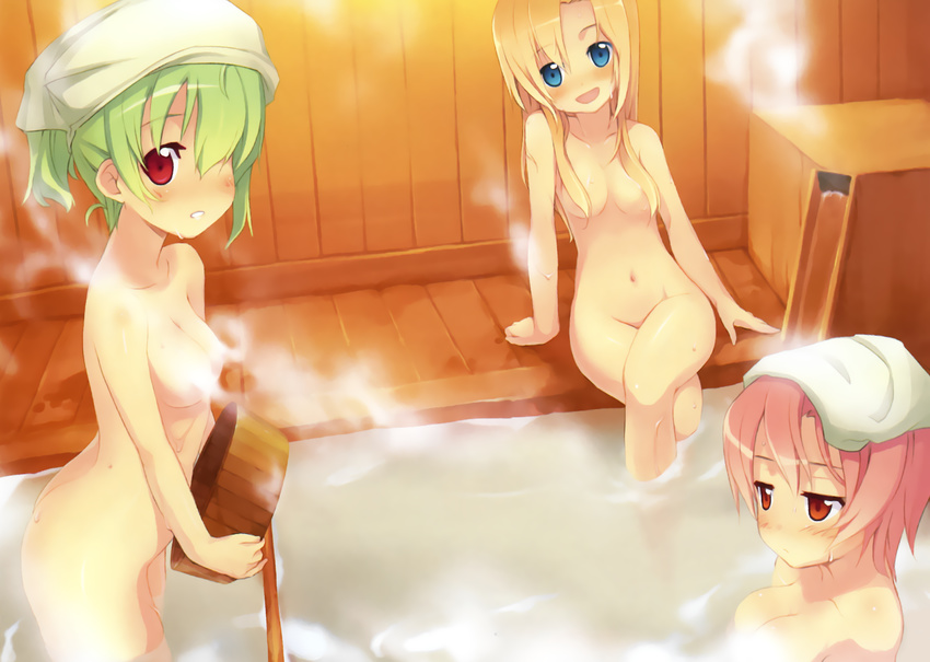 3girls bath blonde_hair blue_eyes green_hair long_hair minamura_halki onsen pink_hair red_eyes short_hair