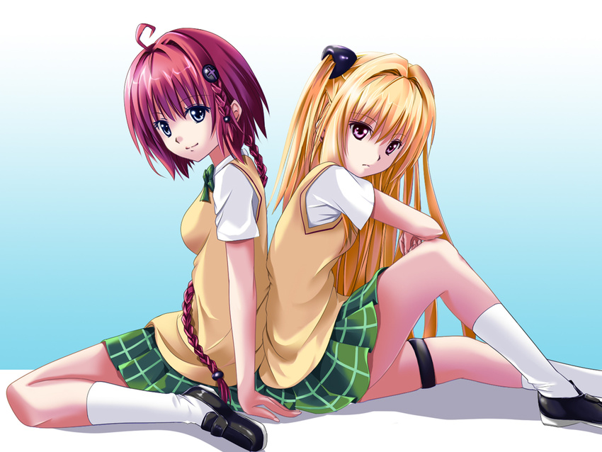 back-to-back blonde_hair braid hair_ornament kneehighs konjiki_no_yami kurosaki_mea long_hair multiple_girls orange_(meitoku) plaid plaid_skirt red_eyes red_hair school_uniform short_hair siblings sisters sitting skirt to_love-ru to_love-ru_darkness very_long_hair white_legwear