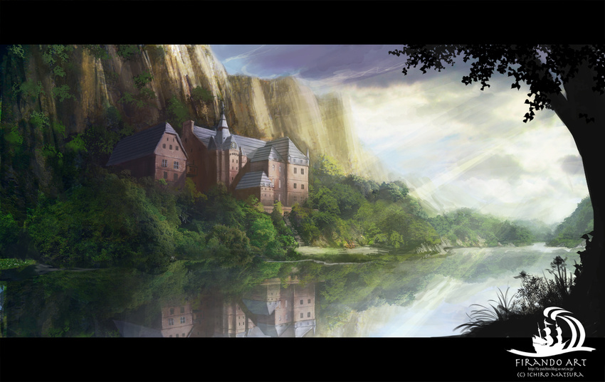 bad_pixiv_id building cliff cloud lake landscape letterboxed light_rays mansion matsura_ichirou misty_lake nature no_humans reflection scarlet_devil_mansion scenery sunbeam sunlight touhou tree water