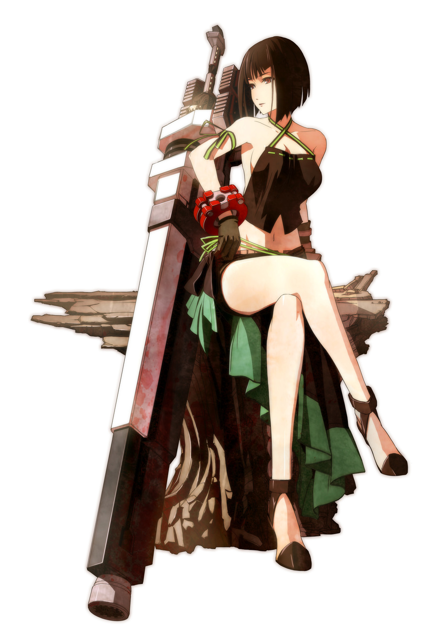 absurdres artist_request bob_cut brown_hair crossed_legs god_eater god_eater_burst highres long_legs ribbon short_hair sitting solo tachibana_sakuya_(god_eater) weapon