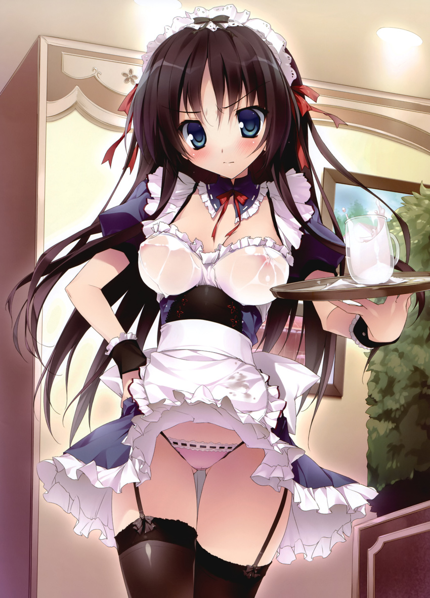 absurdres angry apron black_legwear blue_eyes blush breasts cameltoe covered_nipples dengeki_moeou frown garter_straps highres karory lace lace-trimmed_thighhighs legs medium_breasts milk nipples no_bra non-web_source original panties pink_panties scan see-through skirt skirt_flip solo thigh_gap thighhighs thighs underwear upskirt waist_apron waitress wet wet_clothes wrist_cuffs