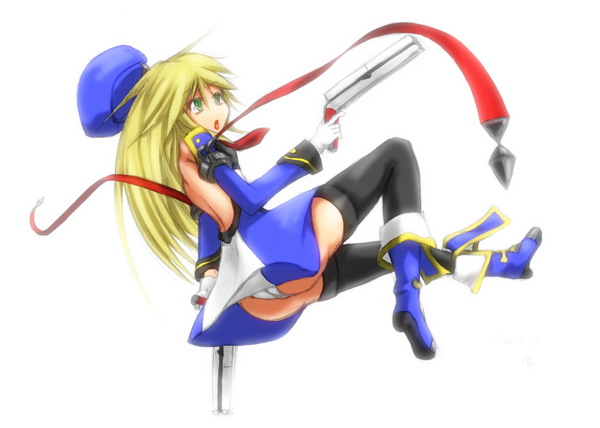 arc_system_works ass bare_back beret blazblue blonde_hair boots detached_sleeves dual_wield dual_wielding green_eyes gun hat long_hair noel_vermillion panties panty_shot pantyshot ribbon thighhigh thighhighs underwear upskirt weapon