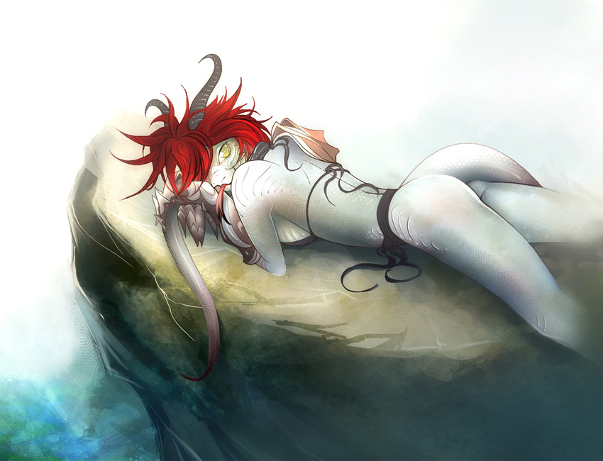 bikini bottomless breasts butt female horns looking_at_viewer on_front red_hair scalie side_boob skimpy snake solo tail tongue tsampikos yellow_eyes