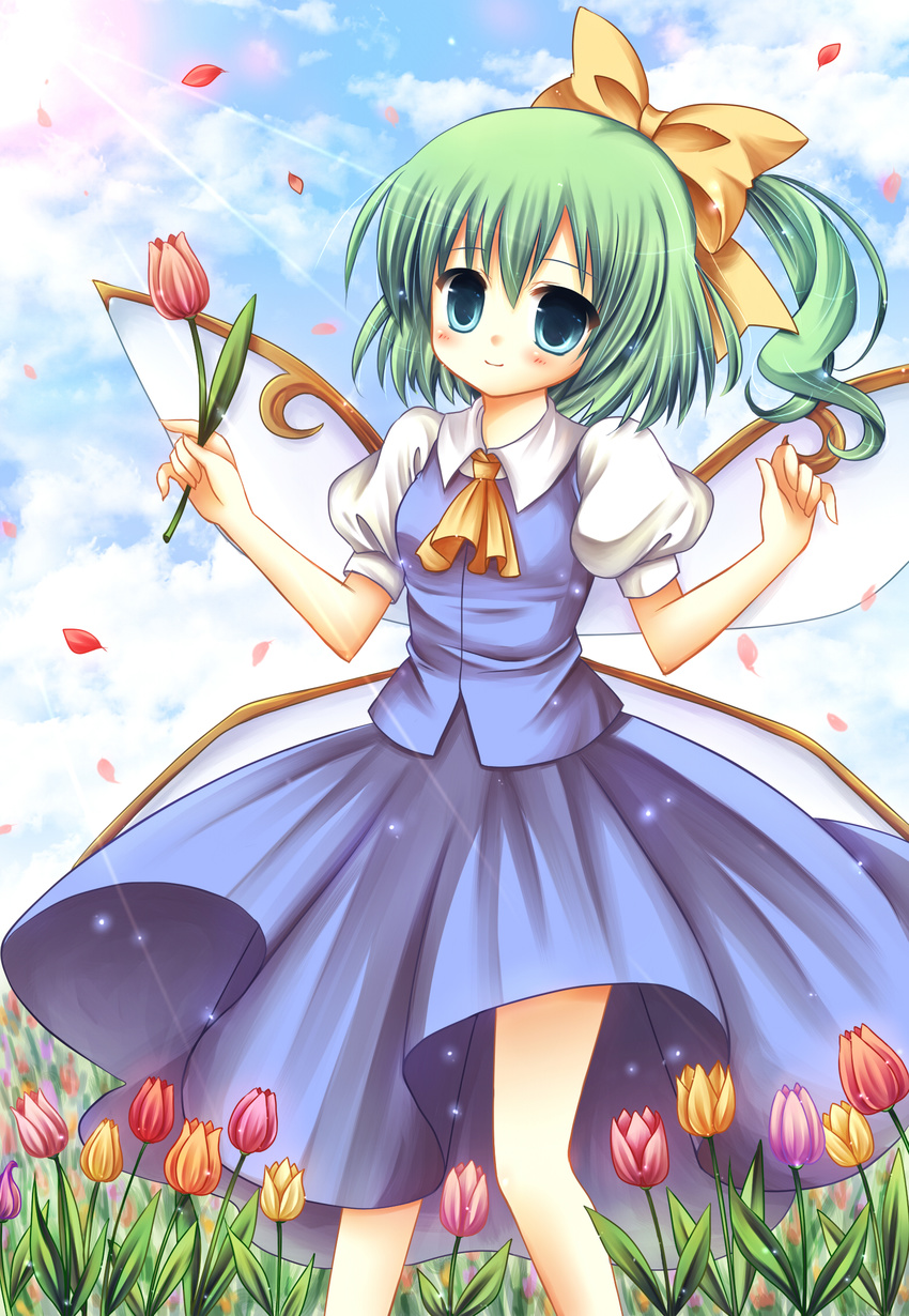 bad_id bad_pixiv_id blue_eyes blush bow daiyousei day dress fairy_wings flower green_hair hair_bow highres kouta. neckerchief petals short_hair side_ponytail sky solo touhou wings