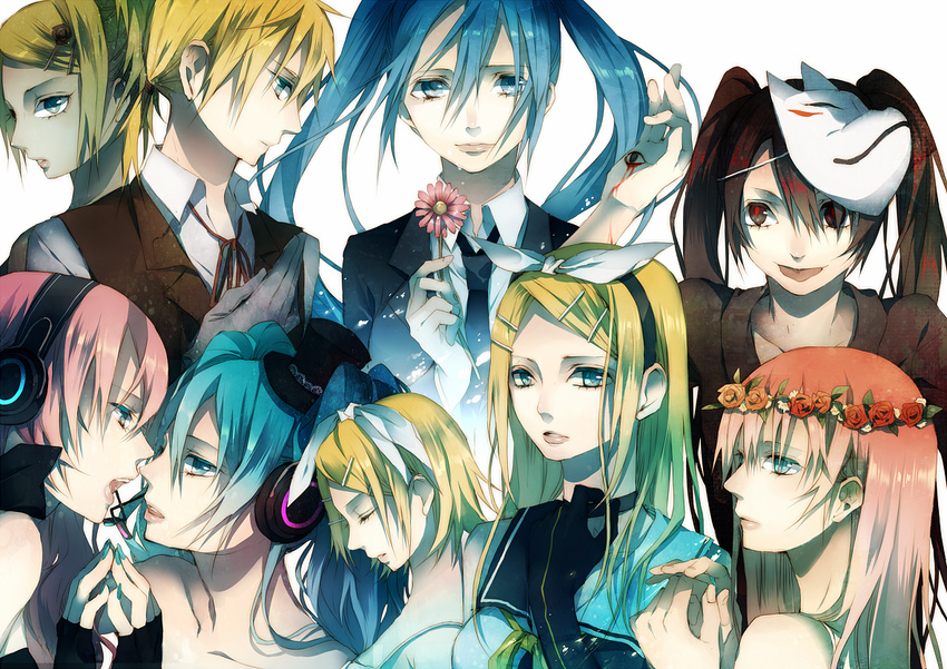 3girls aku_no_meshitsukai_(vocaloid) aku_no_musume_(vocaloid) allen_avadonia bad_id bad_pixiv_id bow evillious_nendaiki fox hair_bow hatsune_miku headphones just_be_friends_(vocaloid) kagamine_len kagamine_rin magnet_(vocaloid) mask megurine_luka multiple_girls musunde_hiraite_rasetsu_to_mukuro_(vocaloid) riliane_lucifen_d'autriche roshin_yuukai_(vocaloid) saihate_(vocaloid) siblings songover tsukioka_tsukiho vocaloid younger