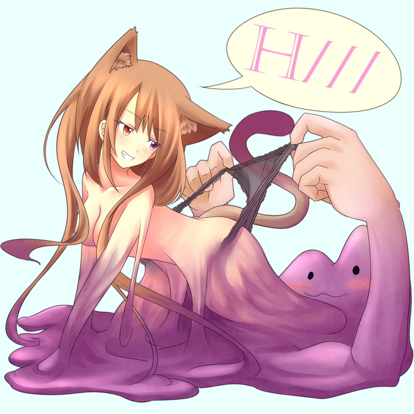 :3 amatlas animal_ears black_panties blue_background blush breasts brown_hair ditto dual_persona ears english gen_1_pokemon goo_girl hands heterochromia highres long_hair medium_breasts monster_girl nude panties panty_lift pokemon pokemon_(creature) pulling purple_eyes red_eyes sidelocks simple_background slime smile speech_bubble tail text_focus transformation transformed_ditto underwear undressing