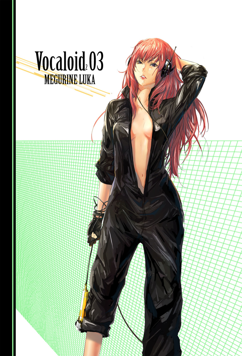 bad_id bad_pixiv_id blue_eyes breasts cable center_opening cleavage english gloves hand_behind_head headphones highres jumpsuit long_hair medium_breasts megurine_luka microphone navel open_clothes open_shirt pink_hair popped_collar shirt sleeves_rolled_up solo sweat vocaloid yuurin_(yuurinfantast)