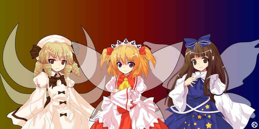 alphes_(style) blonde_hair bow brown_hair dress fairy hair_bow hat headdress kaoru_(gensou_yuugen-an) luna_child multiple_girls parody ribbon short_hair short_twintails simple_background smile star star_sapphire style_parody sunny_milk touhou twintails wings