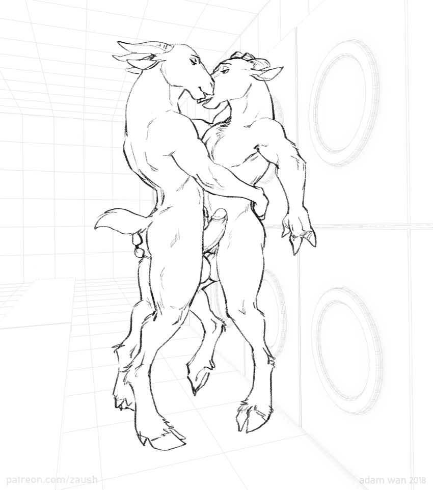 2018 anthro anthro_on_anthro balls bovid butt caprine duo embrace erection frottage fur goat hooves horn humanoid_penis male male/male mammal monochrome nude penis sex sketch standing zaush