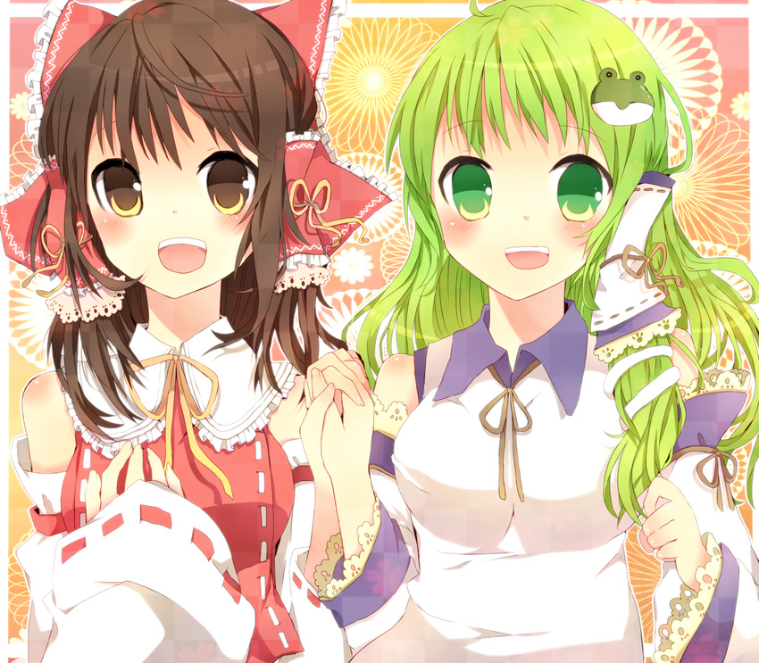 ao_ringo bad_id bad_pixiv_id brown_eyes brown_hair green_eyes green_hair hakurei_reimu holding_hands kochiya_sanae multiple_girls touhou