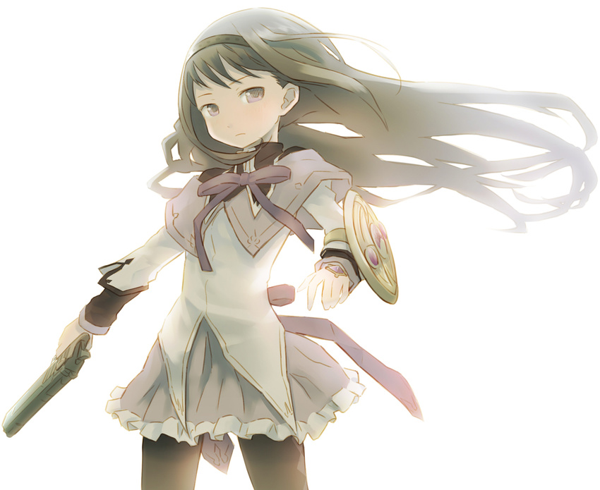 akemi_homura black_hair floating_hair grey_skirt gun hairband handgun kuinji_51go light long_hair magical_girl mahou_shoujo_madoka_magica pantyhose pistol shield simple_background skirt solo weapon