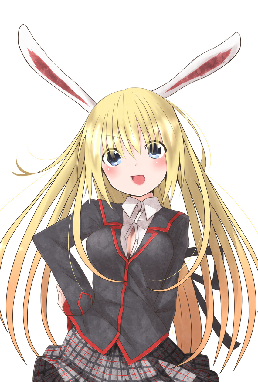 animal_ears bad_id bad_pixiv_id blue_eyes bunny_ears colorized hand_on_hip highres little_busters! long_hair pokachu skirt solo tokido_saya very_long_hair