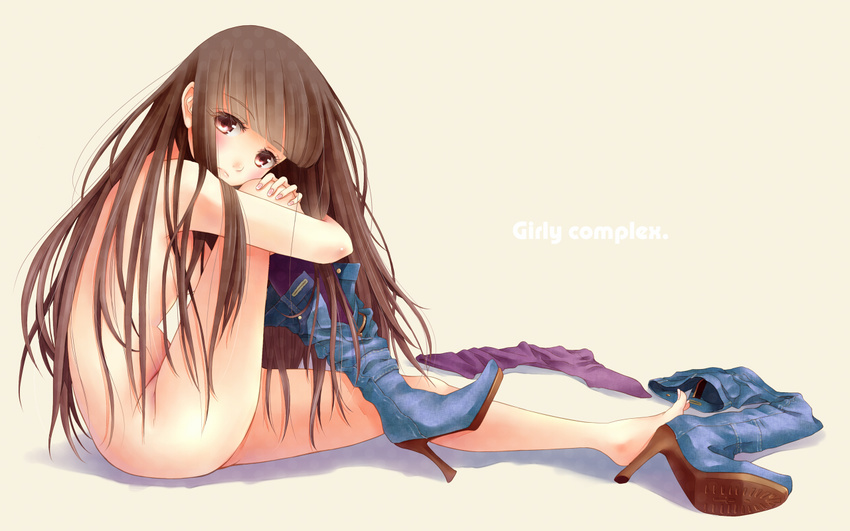 barefoot blue_footwear blush boot_removed boots brown_eyes brown_hair copyright_request hair_censor high_heel_boots high_heels kneehighs leg_hug long_hair looking_at_viewer nude outstretched_leg shadow shoes shoes_removed simple_background single_boot single_shoe sitting socks_removed solo taoru thigh_boots thighhighs yellow_eyes