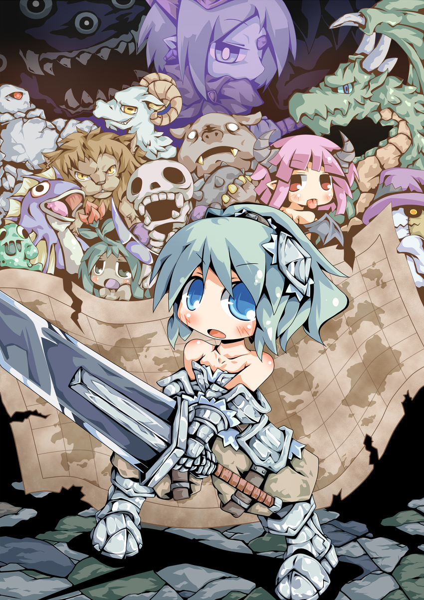 :p absurdres armor bad_id bad_pixiv_id bare_shoulders blue_eyes blush carazuki dragon fish gauntlets green_hair highres horns huge_weapon lion monster multiple_girls original pig pink_hair pointy_ears red_eyes sheep skeleton sword tongue tongue_out weapon