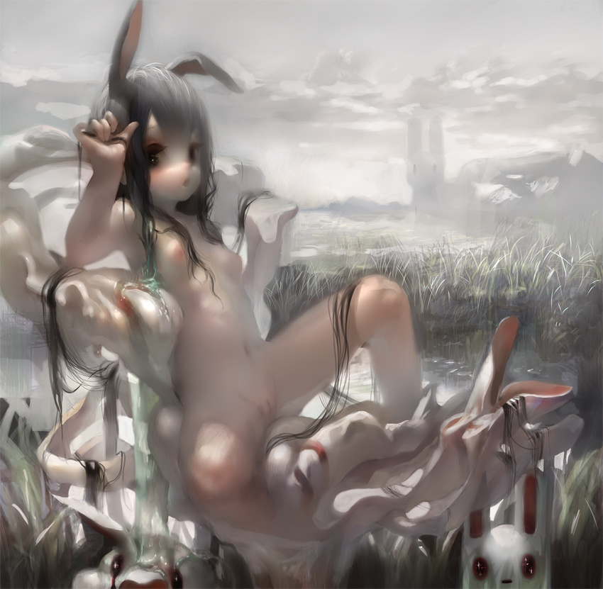 animal_ears breasts bunny bunny_ears cloud grass long_hair md5_mismatch nipples nude original pussy silver_hair sky small_breasts solo toiku uncensored water