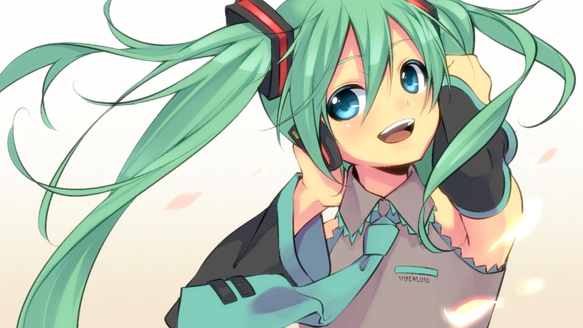 :d arms_up bad_id bad_pixiv_id blue_eyes cherry_blossoms colored_eyelashes detached_sleeves green_hair hatsune_miku headphones highres long_hair necktie open_mouth sama smile solo twintails upper_body vocaloid wind