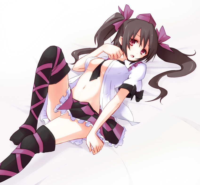 ankle_lace-up bad_id bad_pixiv_id between_breasts black_hair black_legwear breasts checkered checkered_skirt cross-laced_footwear dress_shirt hat highres himekaidou_hatate leg_lift long_hair looking_at_viewer lying medium_breasts navel necktie no_bra on_back open_clothes open_mouth open_shirt pink_eyes shiroshi_(denpa_eshidan) shirt simple_background skirt solo thighhighs tokin_hat touhou twintails