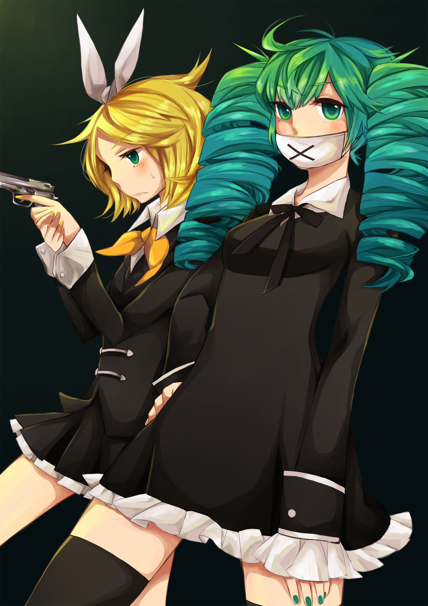 :x bad_id bad_pixiv_id blonde_hair drill_hair green_eyes green_hair gun hair_ribbon hatsune_miku highres himitsu_keisatsu_(vocaloid) kagamine_rin long_hair mask multiple_girls nail_polish pan_(kumahshuan) ribbon short_hair skirt thighhighs twintails vocaloid weapon zettai_ryouiki