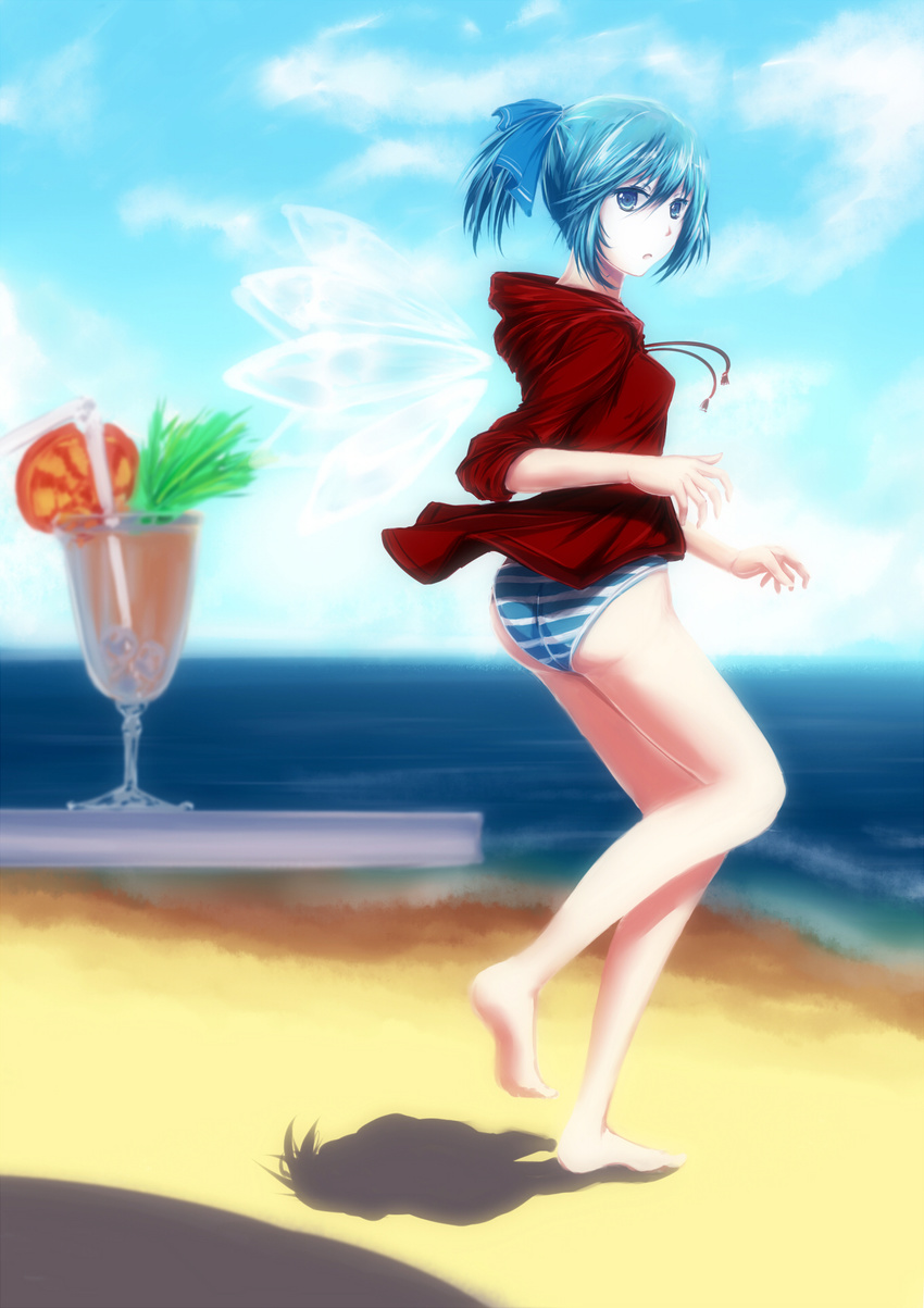 alternate_costume alternate_hairstyle bad_id bad_pixiv_id bare_legs barefoot beach bikini blue_eyes blue_hair blue_sky blurry cirno cloud cup day depth_of_field drink highres hood hooded_jacket jacket looking_back older outdoors ponytail shadow short_hair sky sleeves_pushed_up sola7764 solo striped striped_swimsuit swimsuit table touhou tropical_drink wings