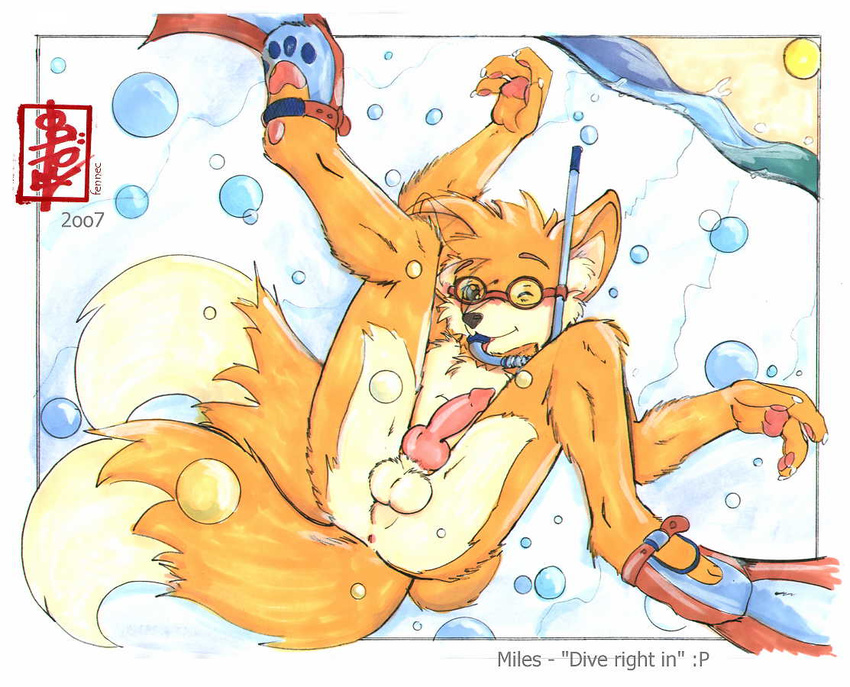 2007 anus balls bubbles canine canine_penis caption chest_tuft claws erection fennec_(artist) fox goggles hindpaw kitsune knot legs_up male miles_prower multiple_tails one_eye_closed orange pawpads penis snorkel solo sonic_(series) tail underwater wink