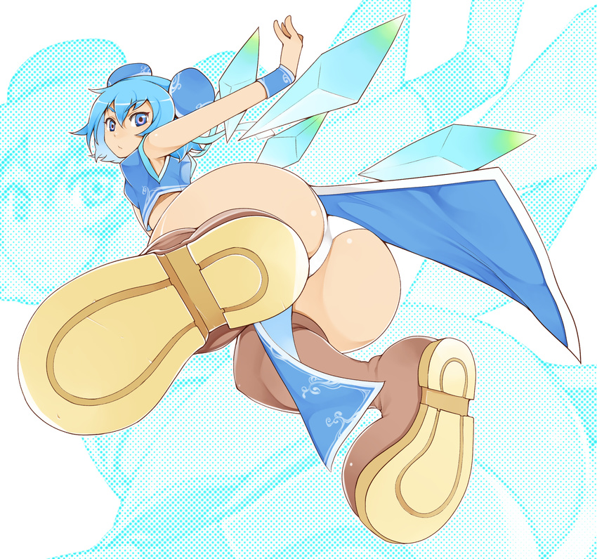 alternate_costume ass blue_eyes blue_hair boots bun_cover cirno double_bun from_behind from_below highres kosame_daizu looking_back panties shoe_soles short_hair solo touhou underwear white_panties wings