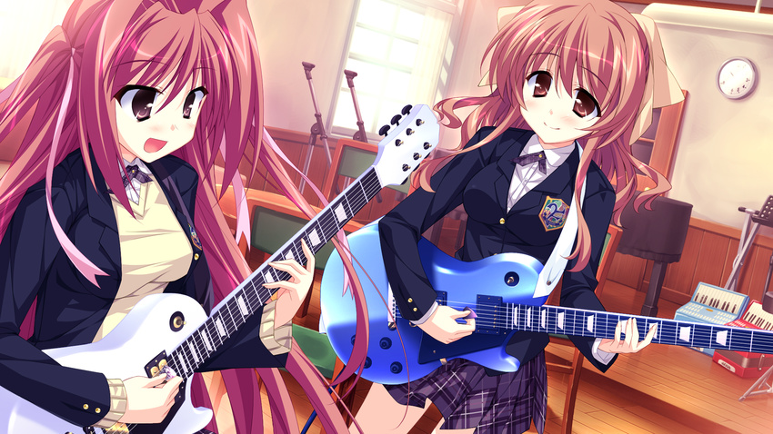 brown_hair game_cg guitar hinata_mutsuki instrument matsuoka_kanade natsume_otona red_hair seifuku skyfish yotsuiro_passionato!