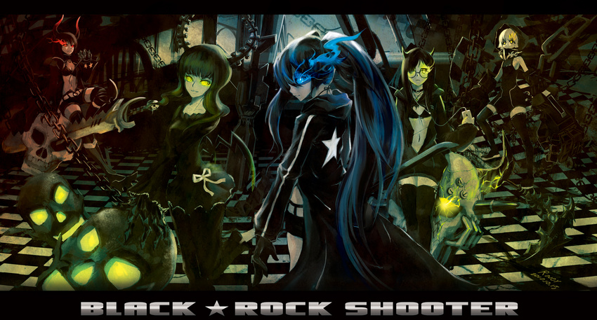 black_devil_girl black_gold_saw black_rock_shooter black_rock_shooter_(character) blue_fire burning_eye chain checkered checkered_floor dark dated dead_master fire glowing glowing_eye highres king_saw letterboxed multiple_girls prosthesis rock skull standing strength_(black_rock_shooter) sword weapon