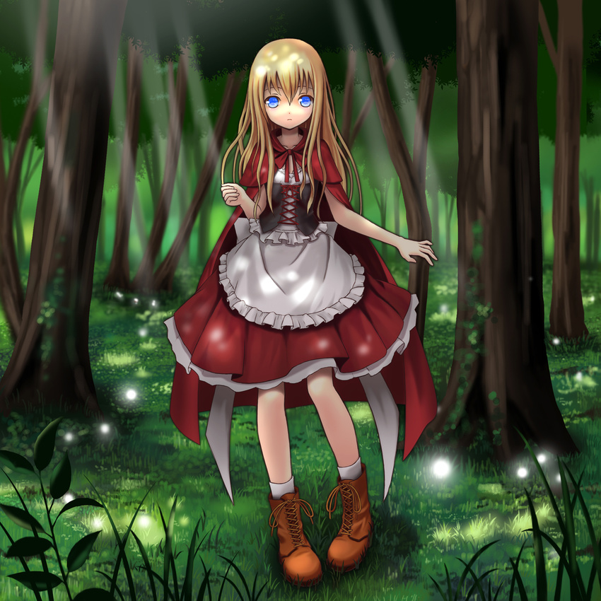 blonde_hair blue_eyes boots cape capelet cross-laced_footwear dappled_sunlight forest grass highres lace-up_boots light_rays little_red_riding_hood little_red_riding_hood_(grimm) long_hair nature red_capelet setona_(daice) solo sunbeam sunlight tree