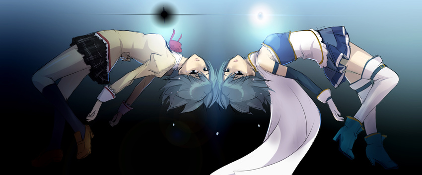 blue_eyes blue_hair boots cape dual_persona grief_seed highres kneehighs magical_girl mahou_shoujo_madoka_magica miki_sayaka misu_kasumi mitakihara_school_uniform school_uniform short_hair soul_gem spoilers symmetry tears thighhighs zettai_ryouiki