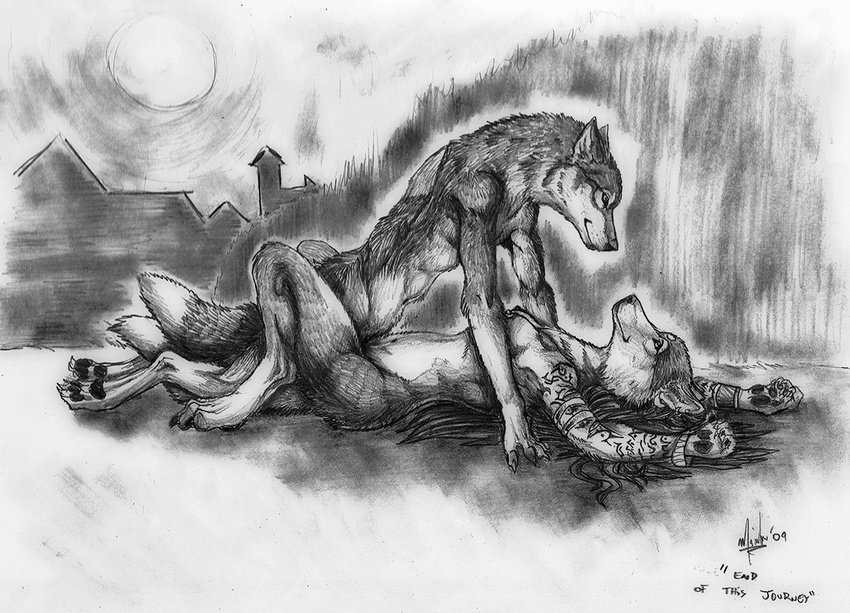 canine couple darksilver female intimate knotting male missionary_position moon on_back outside sex straight tattoo tied were wolf