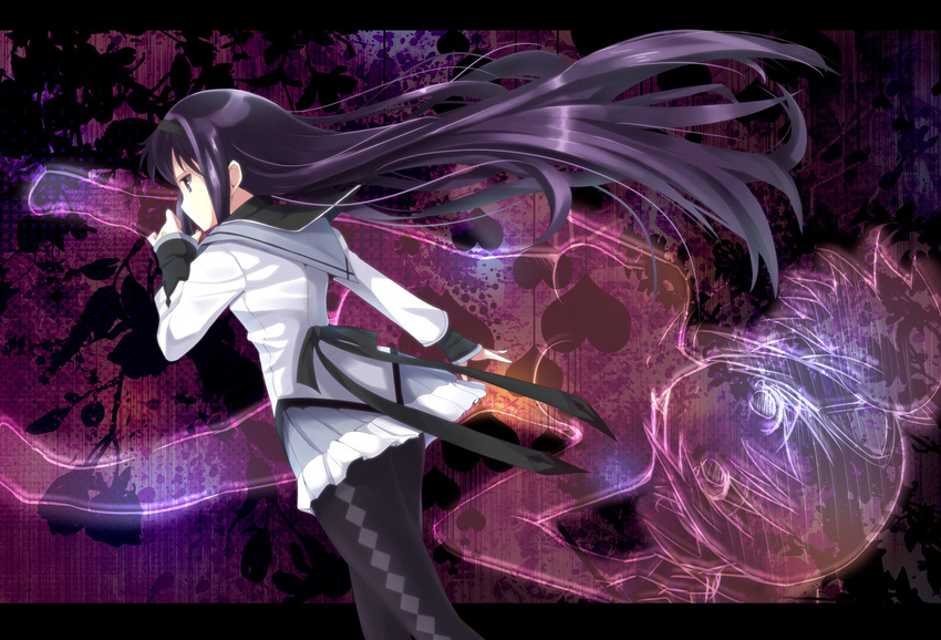 akemi_homura bad_id bad_pixiv_id black_hair floating_hair from_behind kaname_madoka letterboxed long_hair mahou_shoujo_madoka_magica masamuuu multiple_girls nude outstretched_arm outstretched_hand pantyhose profile purple_hair short_hair transparent twintails very_long_hair