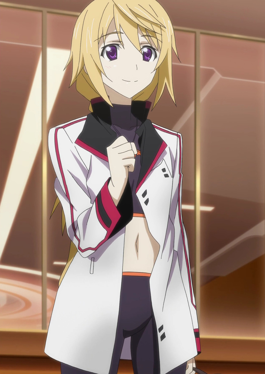 blonde_hair charlotte_dunois highres infinite_stratos long_hair naval navel purple_eyes smile solo stitch