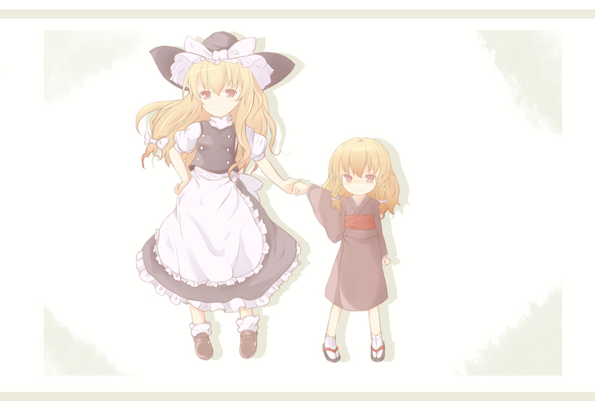 blonde_hair blush bow braid child dual_persona fal_maro hair_bow hand_on_hip hat highres holding_hands japanese_clothes kimono kirisame_marisa long_hair multiple_girls sandals smile tears touhou witch_hat yellow_eyes younger